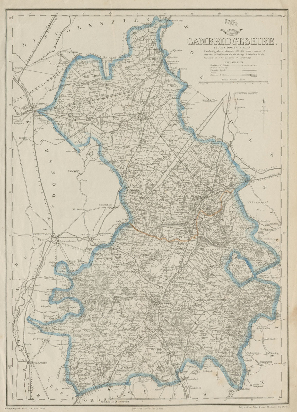 CAMBRIDGESHIRE. Antique county map. Railways turnpike roads. DOWER 1862